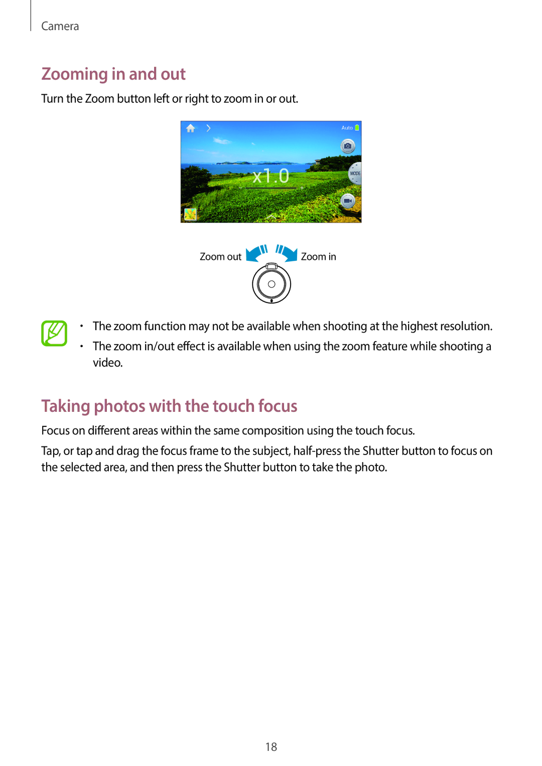 Samsung EK-GC110ZWAXAR user manual Zooming in and out, Taking photos with the touch focus 