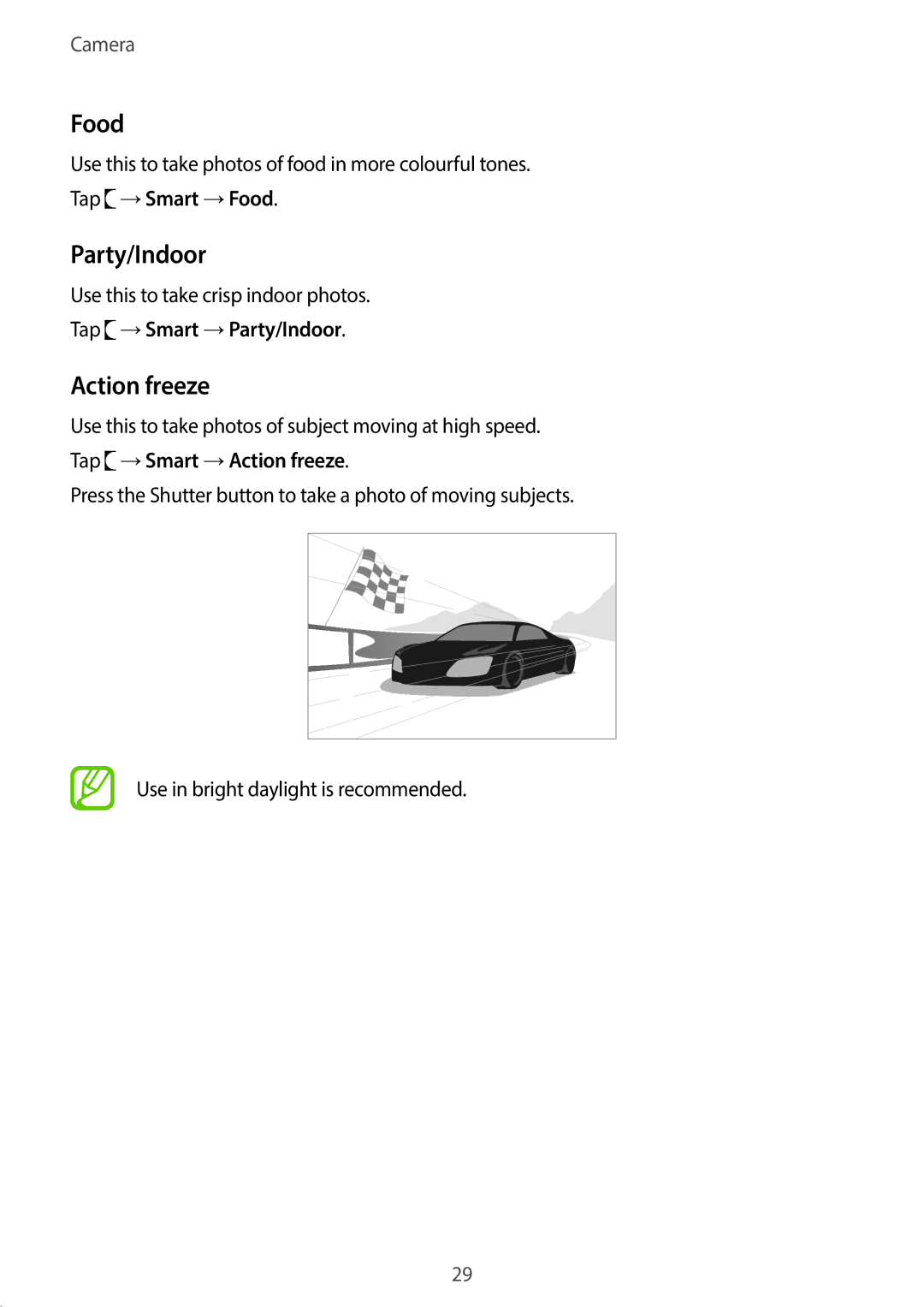 Samsung EK-GC110ZWAXAR user manual Food, Action freeze, Tap →Smart →Party/Indoor 