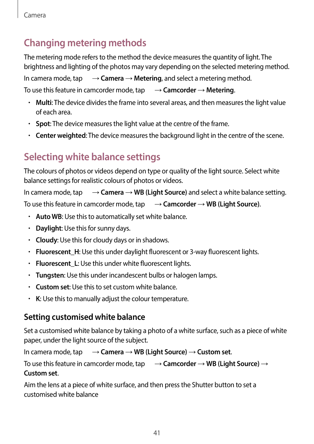 Samsung EK-GC110ZWAXAR Changing metering methods, Selecting white balance settings, Setting customised white balance 