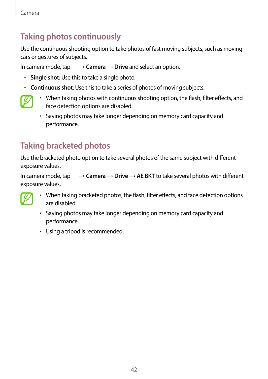 Samsung EK-GC110ZWAXAR user manual Taking photos continuously, Taking bracketed photos 