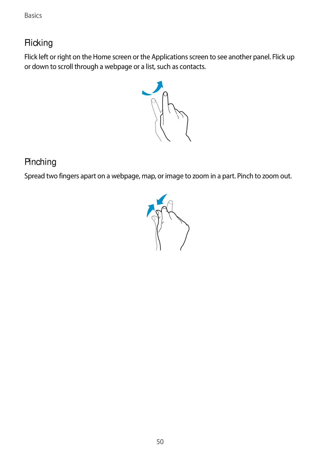 Samsung EK-GC110ZWAXAR user manual Flicking, Pinching 