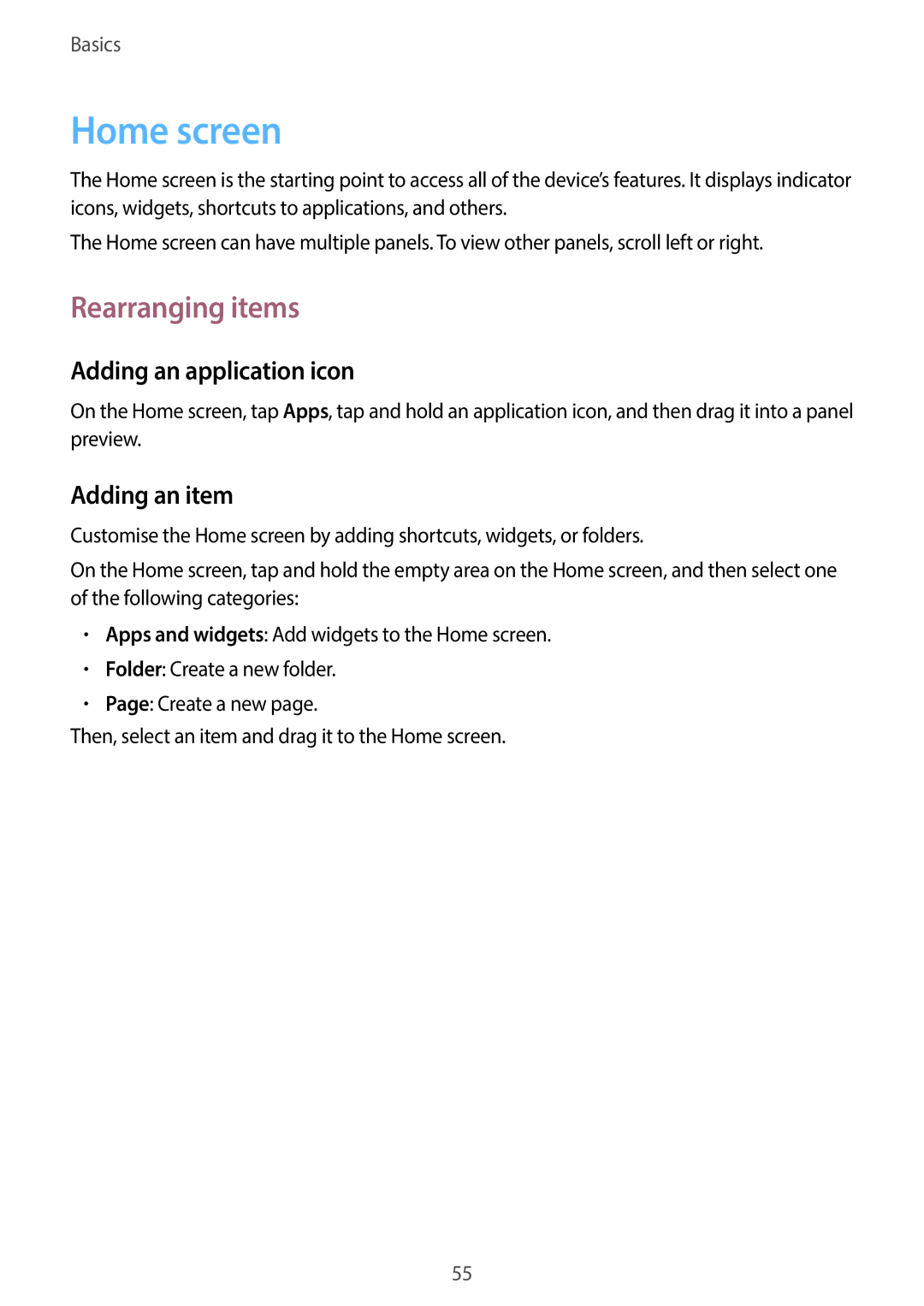 Samsung EK-GC110ZWAXAR user manual Home screen, Rearranging items, Adding an application icon, Adding an item 