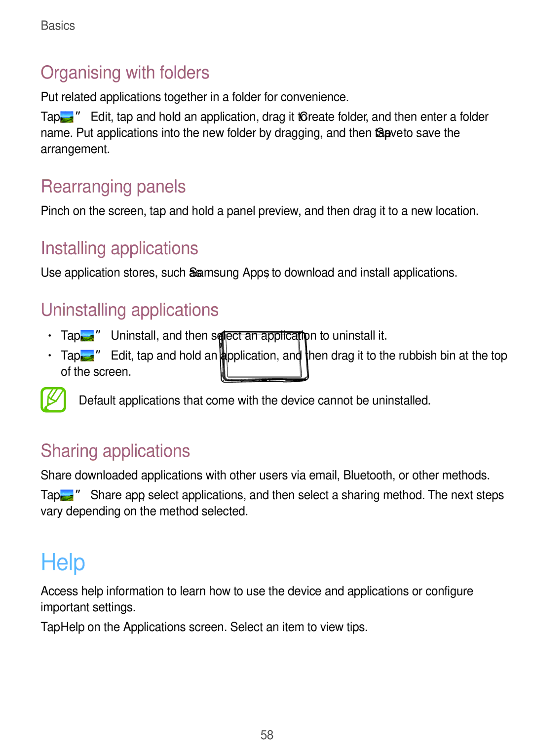 Samsung EK-GC110ZWAXAR user manual Help, Organising with folders, Installing applications, Uninstalling applications 