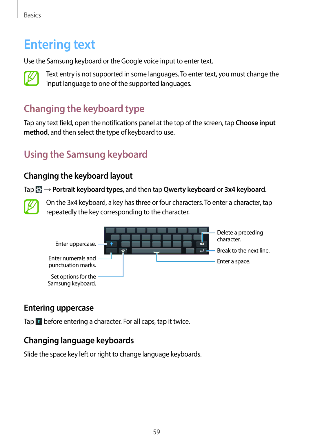 Samsung EK-GC110ZWAXAR user manual Entering text, Changing the keyboard type, Using the Samsung keyboard 