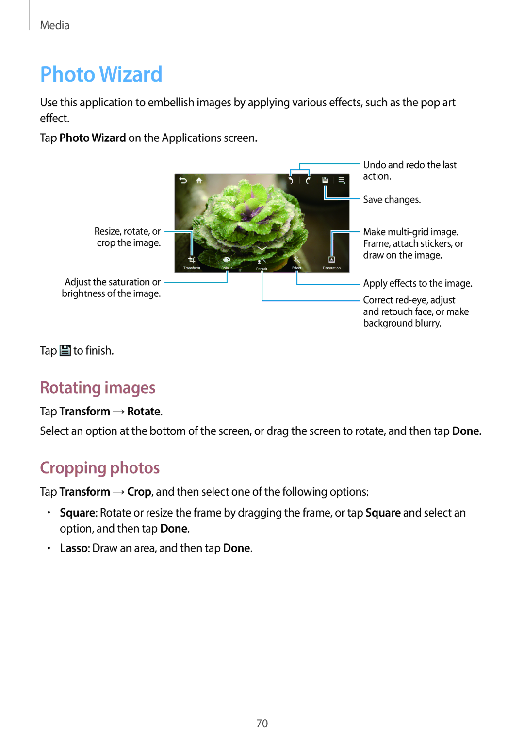 Samsung EK-GC110ZWAXAR user manual Photo Wizard, Rotating images, Cropping photos, Tap Transform →Rotate 