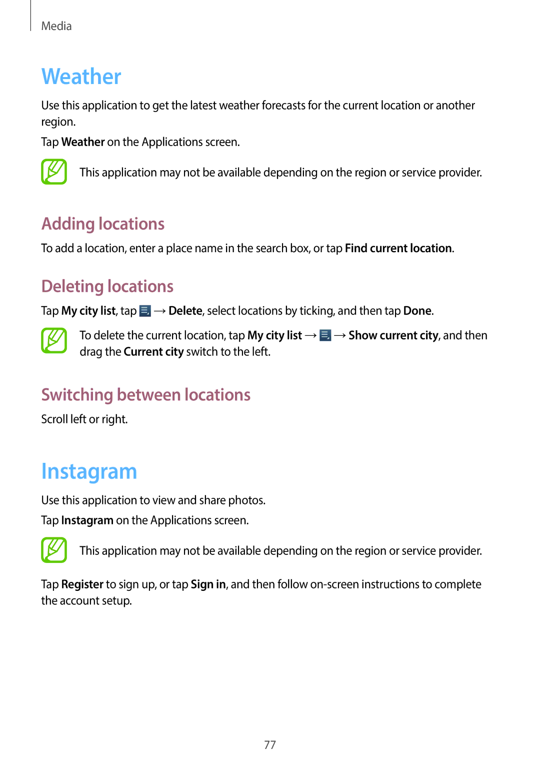 Samsung EK-GC110ZWAXAR user manual Weather, Instagram, Adding locations, Deleting locations, Switching between locations 