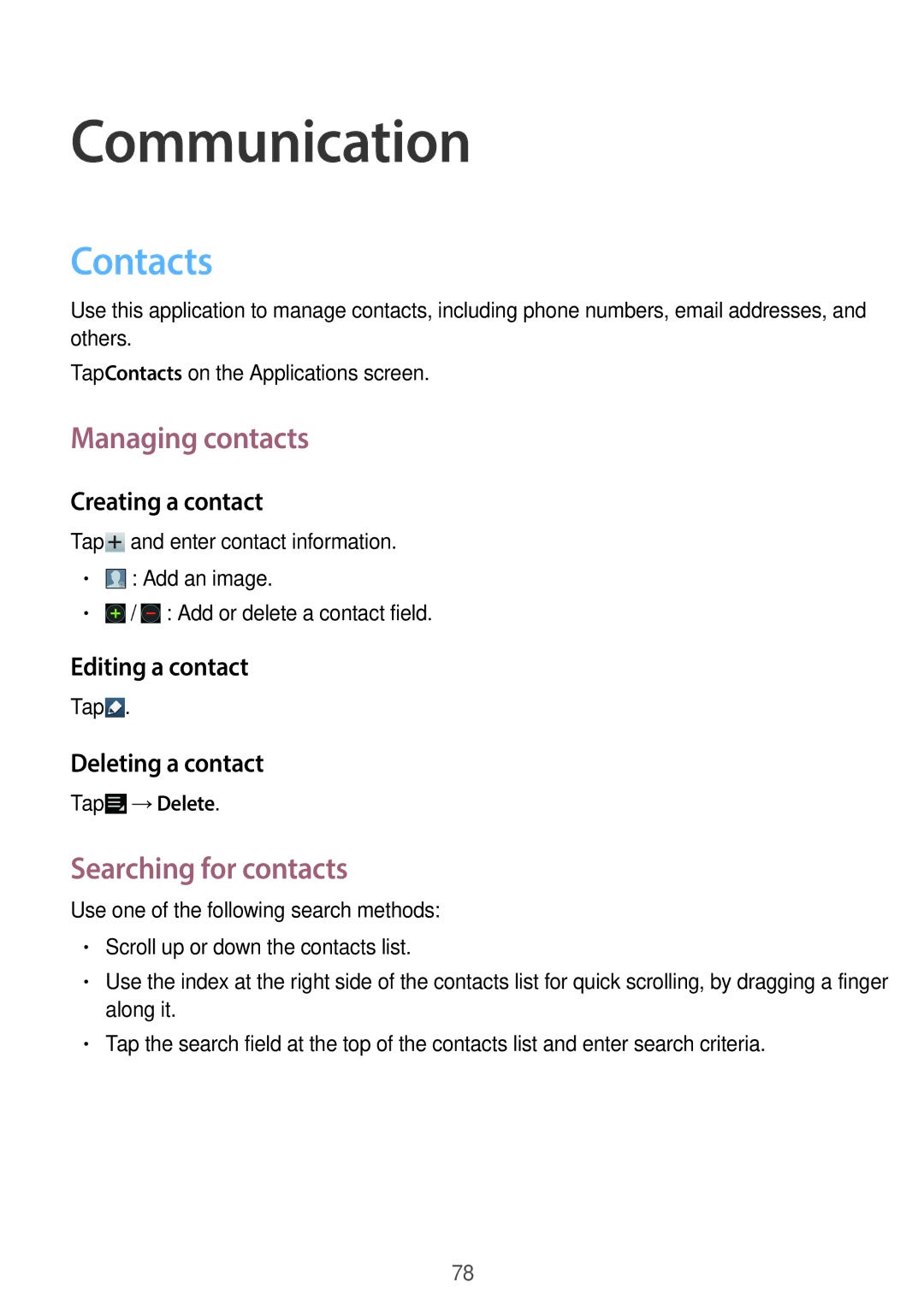 Samsung EK-GC110ZWAXAR user manual Communication, Contacts, Managing contacts, Searching for contacts 