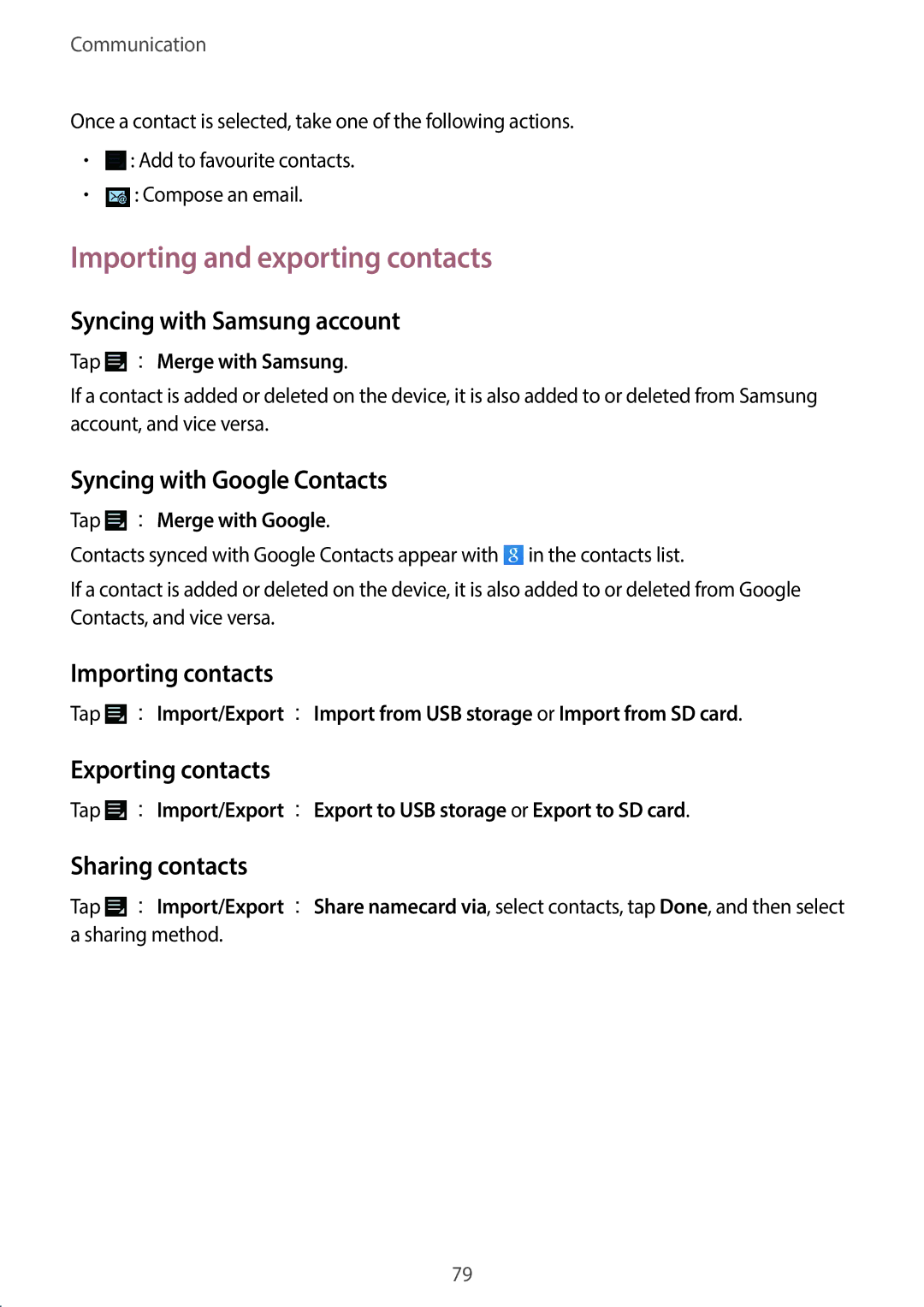 Samsung EK-GC110ZWAXAR user manual Importing and exporting contacts 