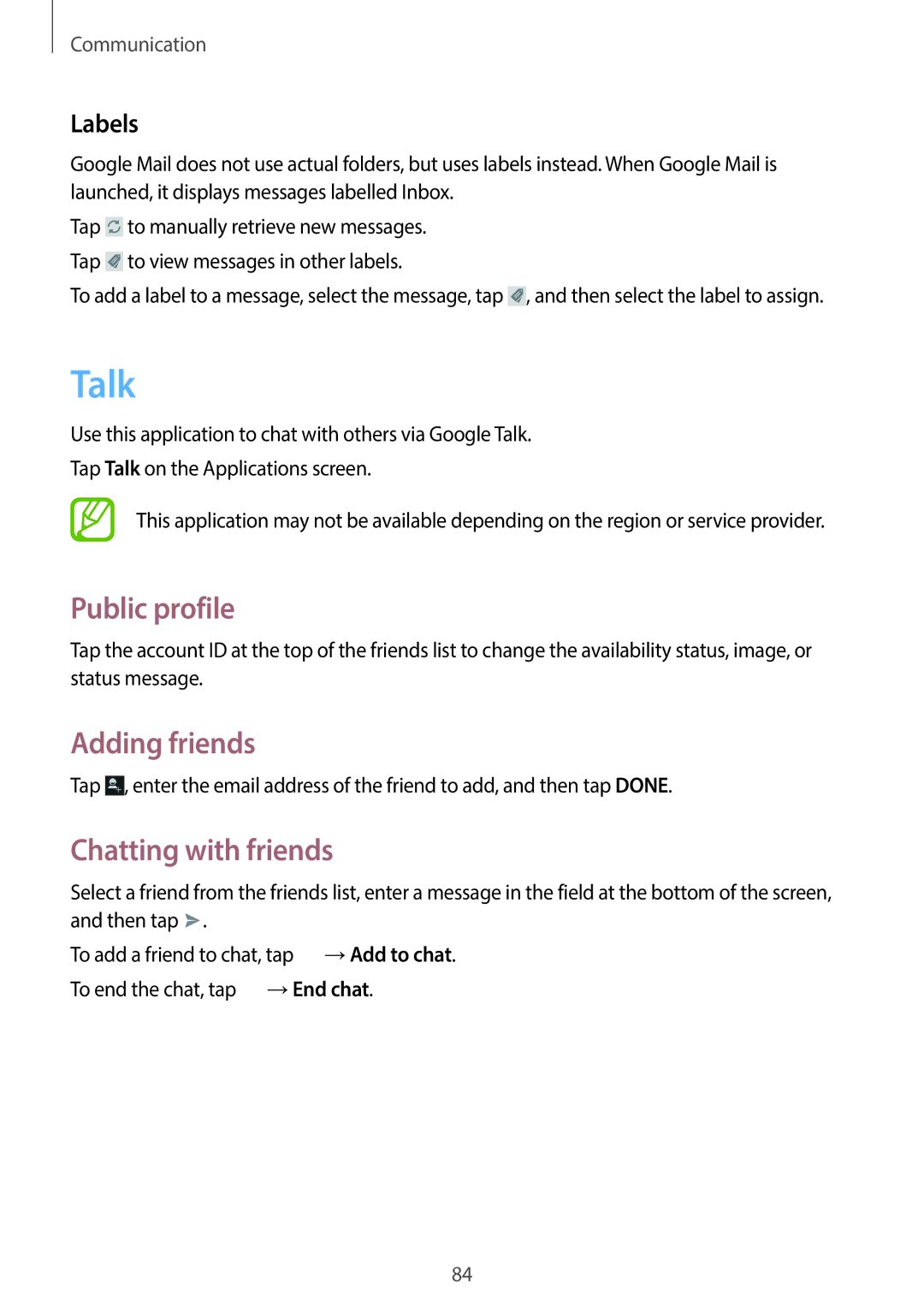 Samsung EK-GC110ZWAXAR user manual Talk, Public profile, Adding friends, Chatting with friends, Labels 