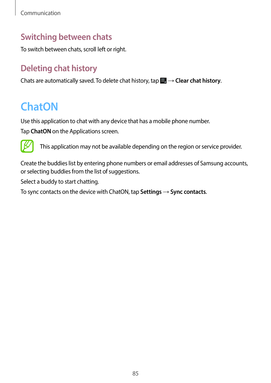 Samsung EK-GC110ZWAXAR user manual ChatON, Switching between chats, Deleting chat history 