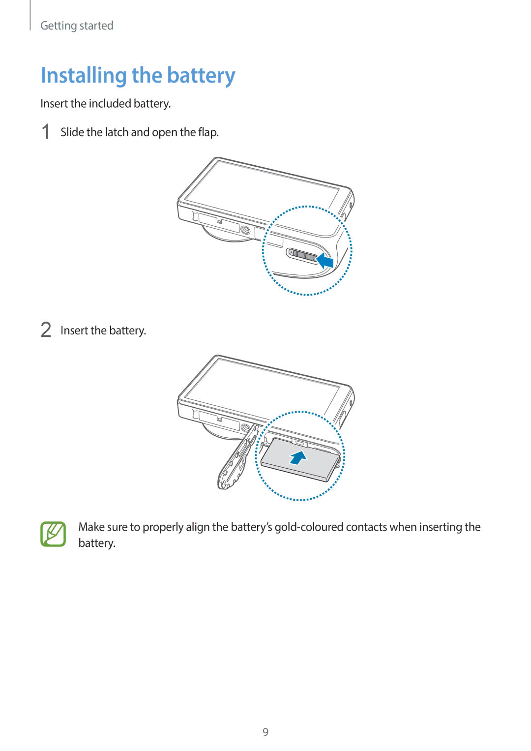 Samsung EK-GC110ZWAXAR user manual Installing the battery 