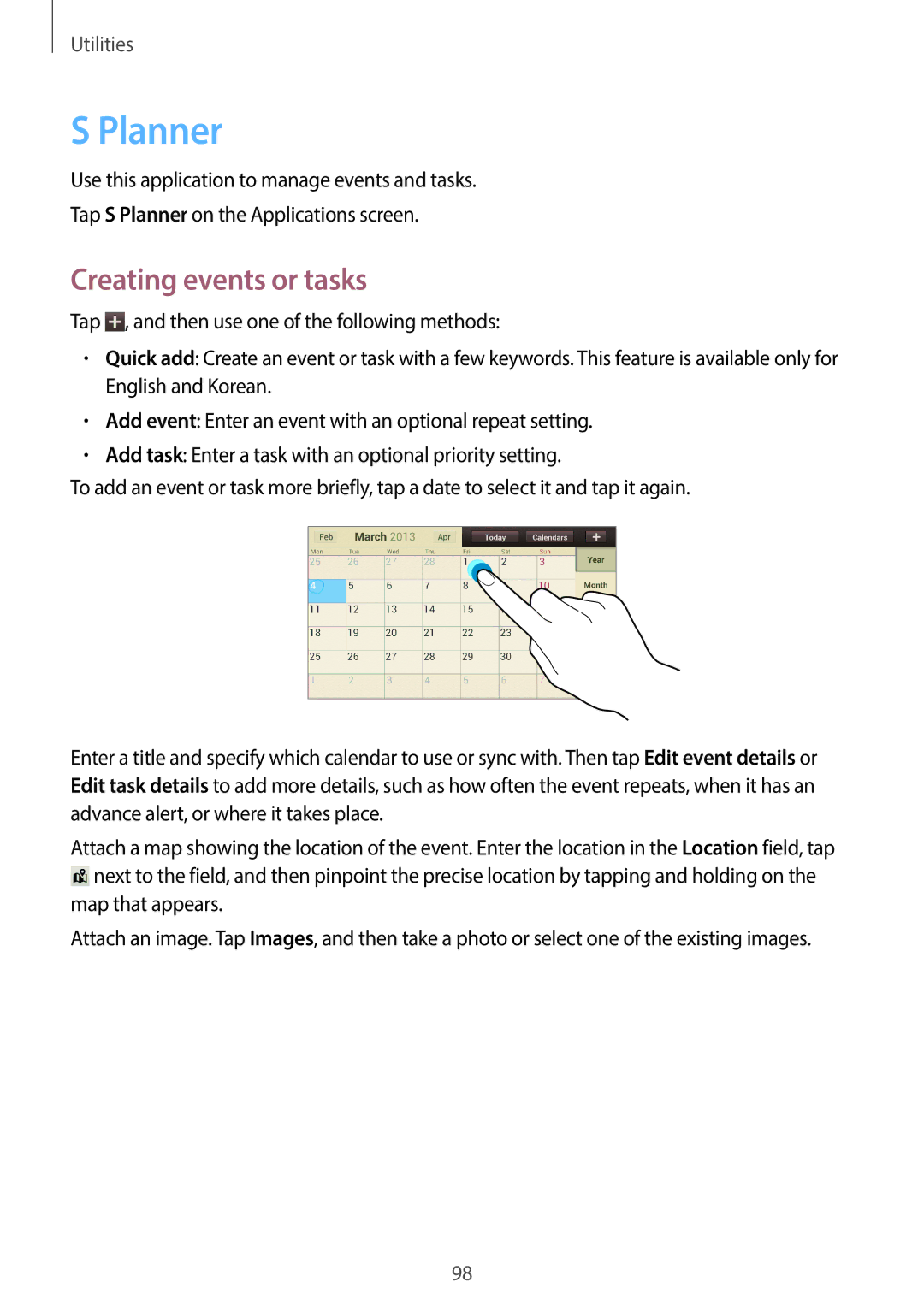 Samsung EK-GC110ZWAXAR user manual Planner, Creating events or tasks 