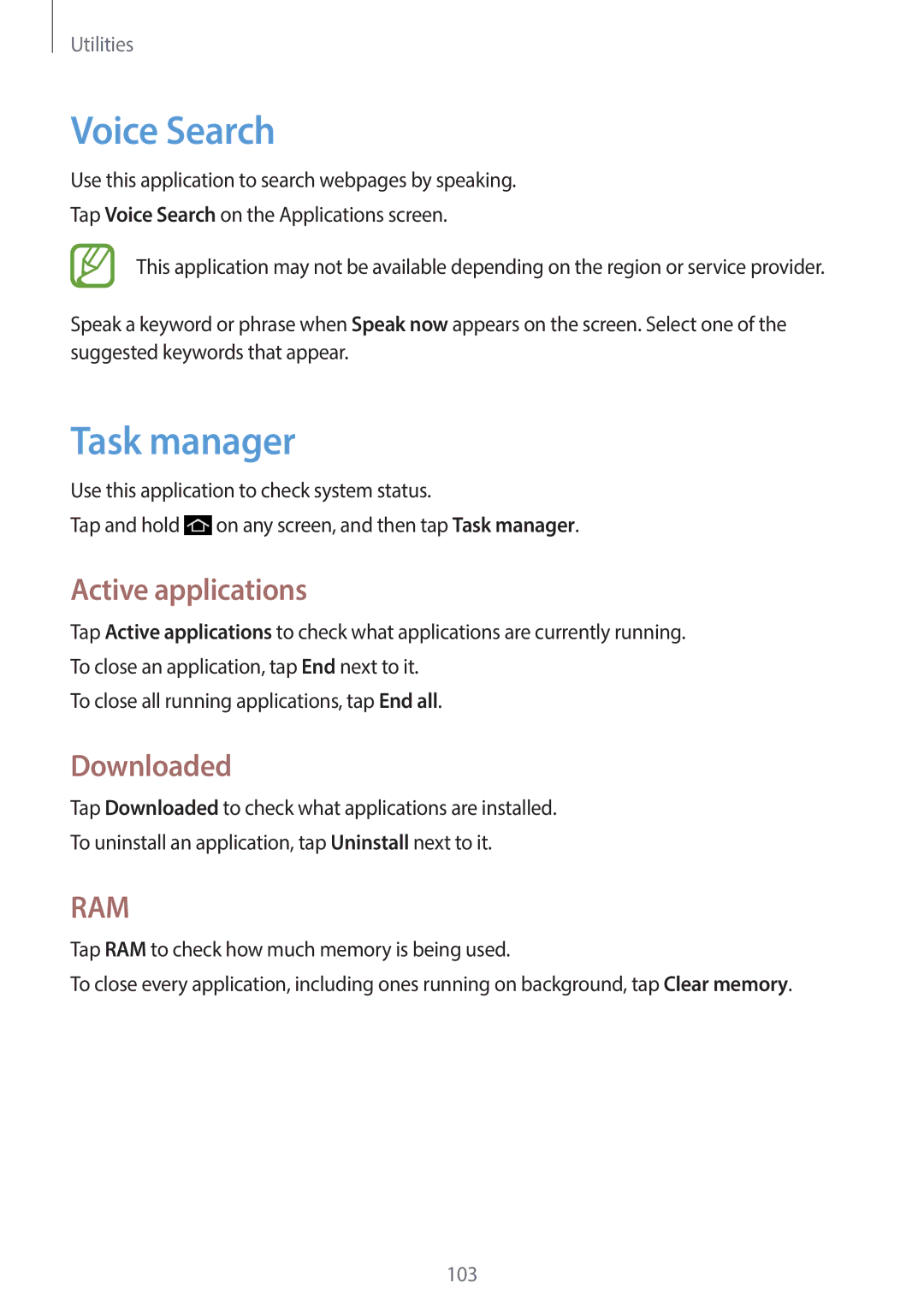 Samsung EK-GC120ZWAVZW, EK-GC120BKAVZW user manual Voice Search, Task manager, Active applications, Downloaded 