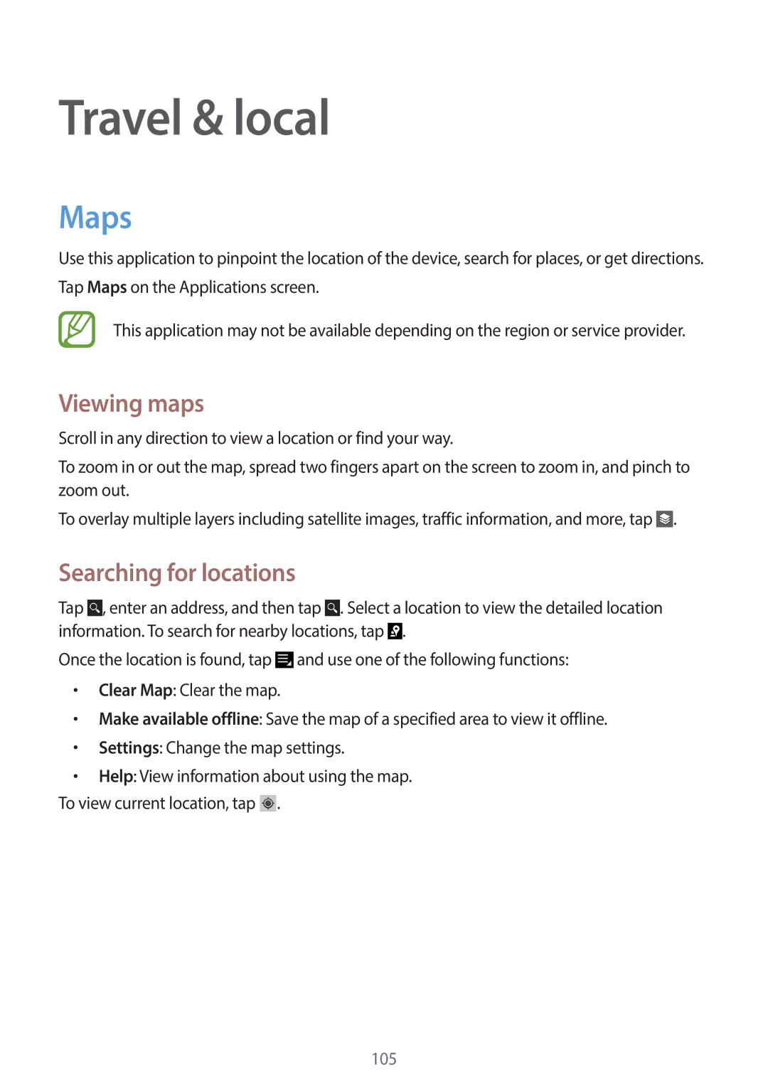 Samsung EK-GC120ZWAVZW, EK-GC120BKAVZW user manual Travel & local, Maps, Viewing maps, Searching for locations 