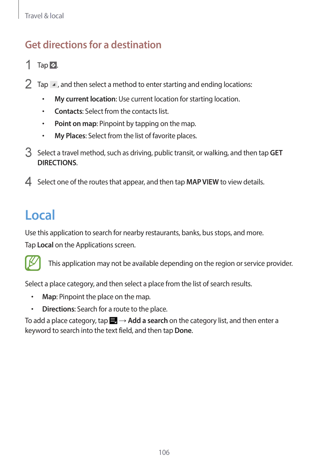 Samsung EK-GC120BKAVZW, EK-GC120ZWAVZW user manual Local, Get directions for a destination 