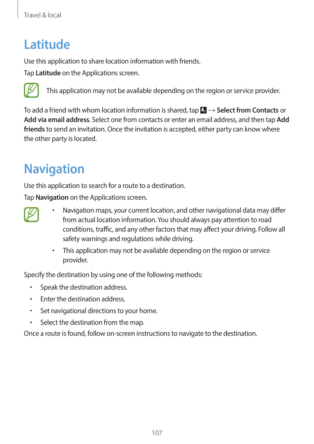 Samsung EK-GC120ZWAVZW, EK-GC120BKAVZW user manual Latitude, Navigation 