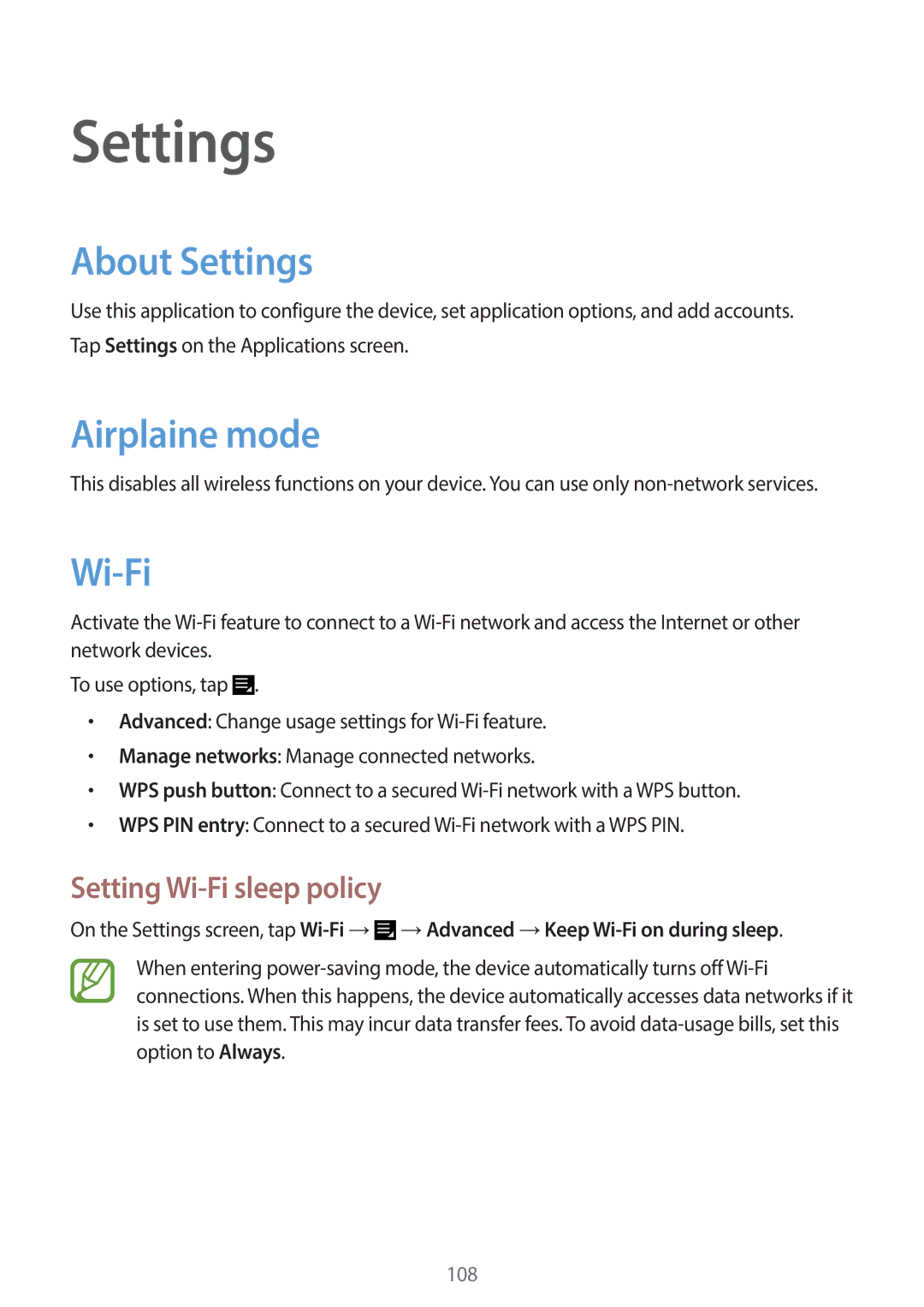 Samsung EK-GC120BKAVZW, EK-GC120ZWAVZW user manual About Settings, Airplaine mode, Setting Wi-Fi sleep policy 