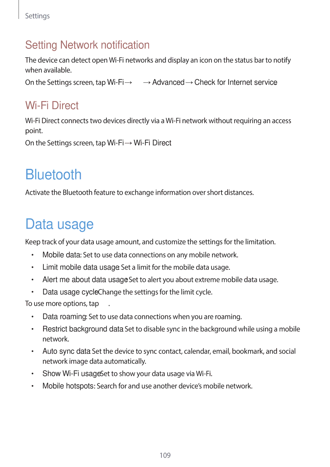 Samsung EK-GC120ZWAVZW, EK-GC120BKAVZW user manual Data usage, Setting Network notification, Wi-Fi Direct 