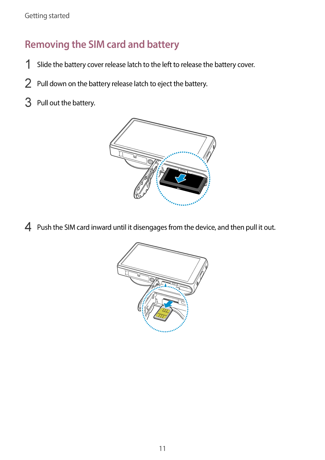 Samsung EK-GC120ZWAVZW, EK-GC120BKAVZW user manual Removing the SIM card and battery 