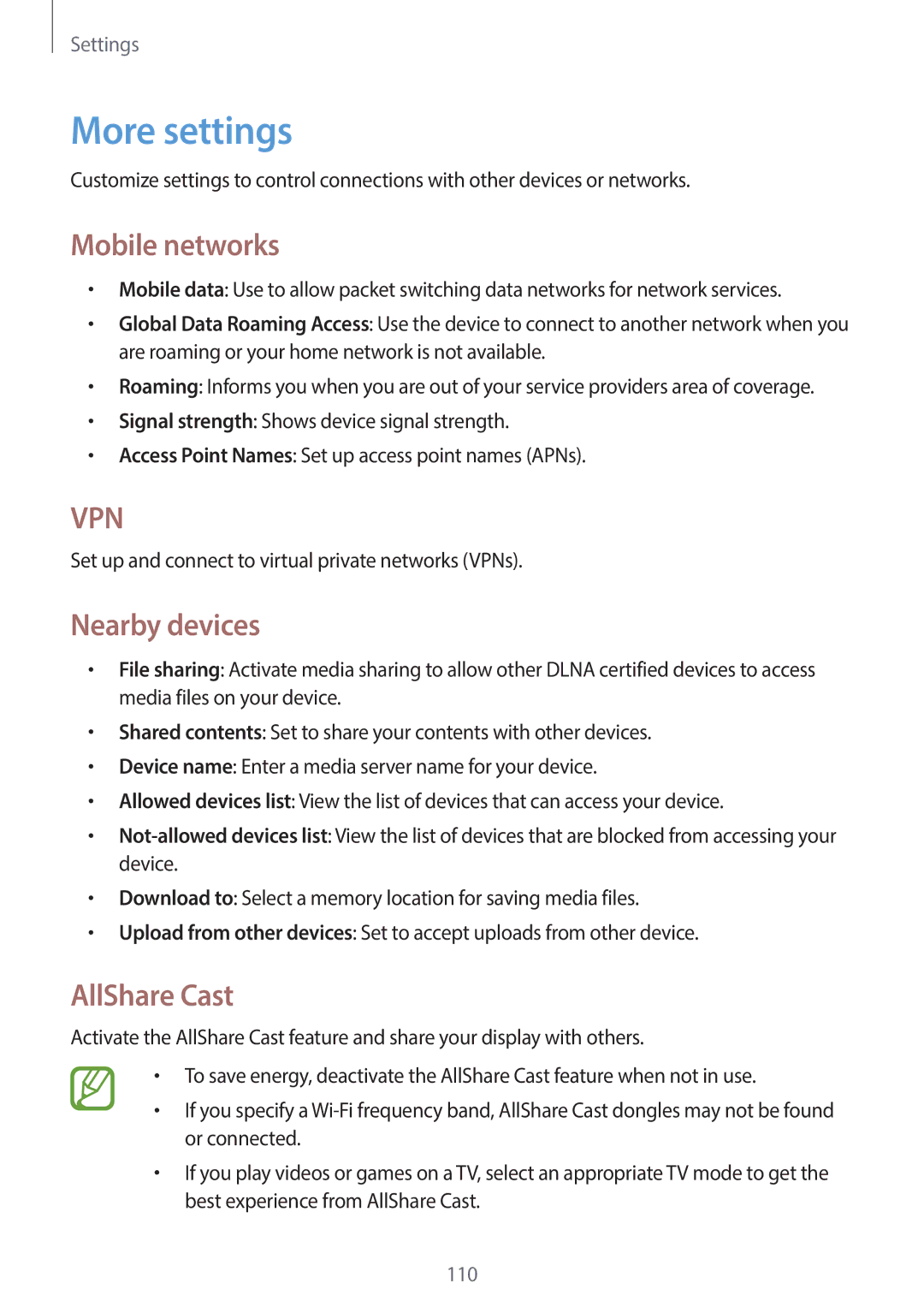 Samsung EK-GC120BKAVZW, EK-GC120ZWAVZW user manual More settings, Mobile networks, Nearby devices, AllShare Cast 