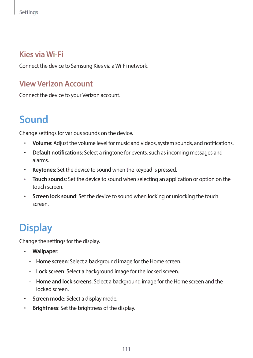 Samsung EK-GC120ZWAVZW, EK-GC120BKAVZW user manual Sound, Display, Kies via Wi-Fi, View Verizon Account, Wallpaper 