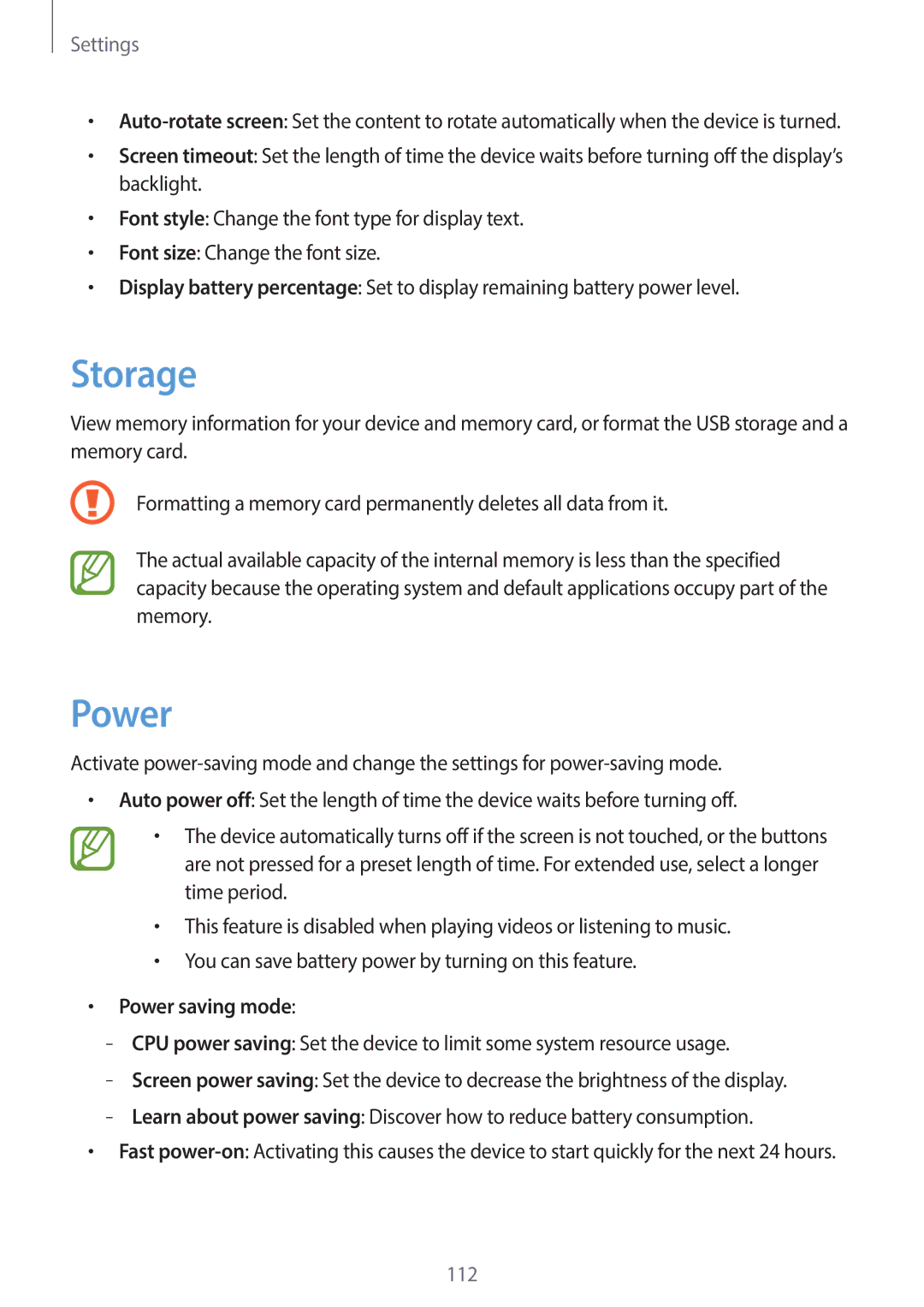 Samsung EK-GC120BKAVZW, EK-GC120ZWAVZW user manual Storage, Power saving mode 