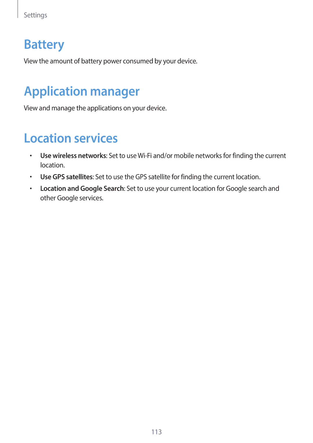 Samsung EK-GC120ZWAVZW, EK-GC120BKAVZW user manual Battery, Application manager, Location services 