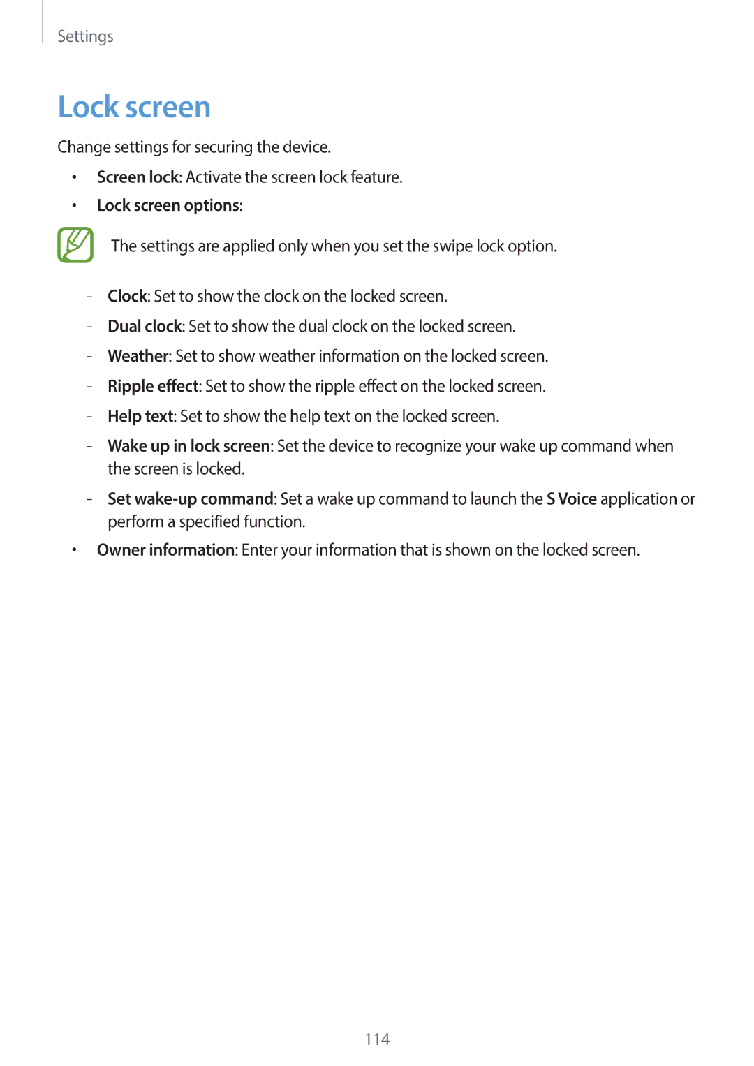 Samsung EK-GC120BKAVZW, EK-GC120ZWAVZW user manual Lock screen options 