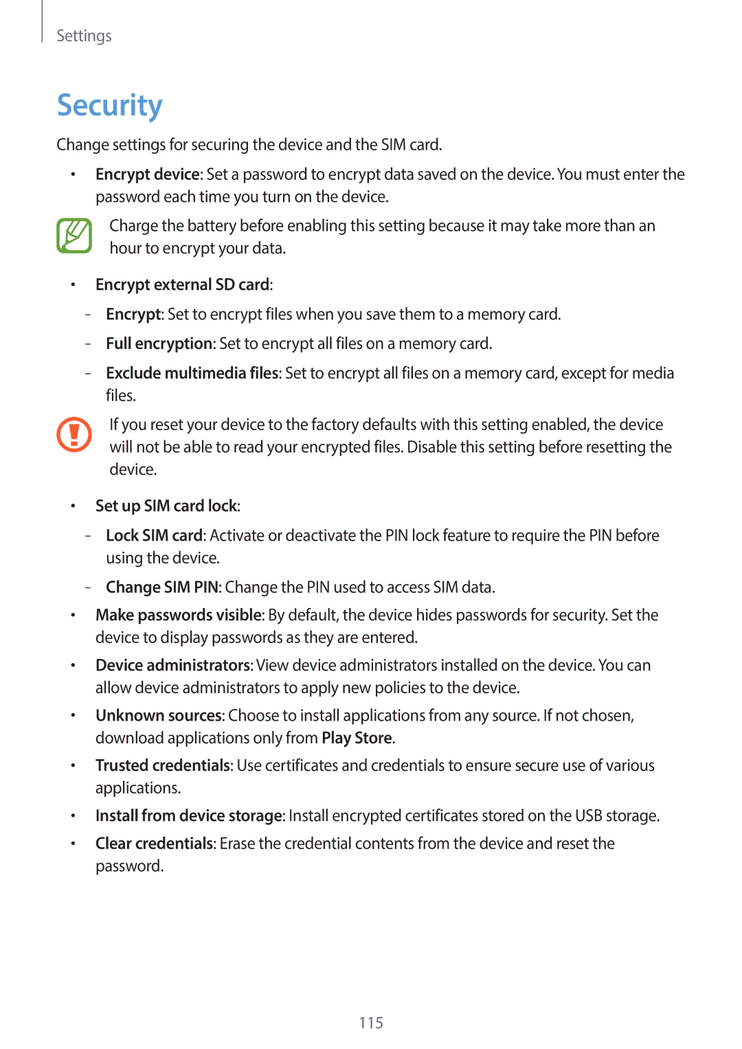 Samsung EK-GC120ZWAVZW, EK-GC120BKAVZW user manual Security, Encrypt external SD card, Set up SIM card lock 