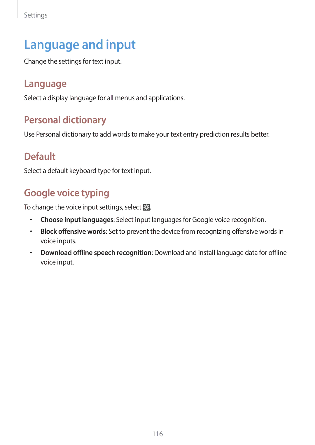 Samsung EK-GC120BKAVZW, EK-GC120ZWAVZW user manual Language and input, Personal dictionary, Default, Google voice typing 