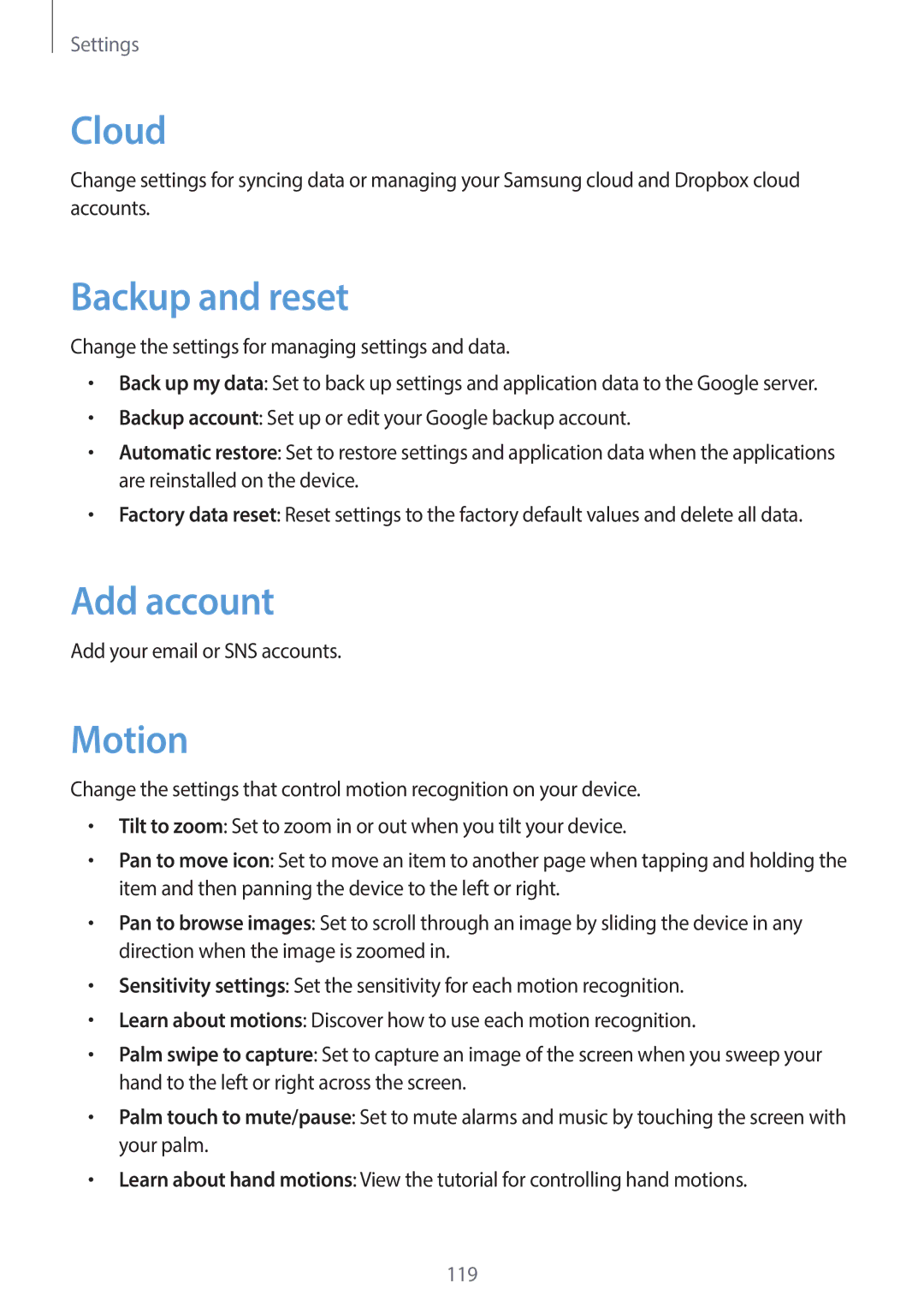 Samsung EK-GC120ZWAVZW, EK-GC120BKAVZW user manual Cloud, Backup and reset, Add account, Motion 