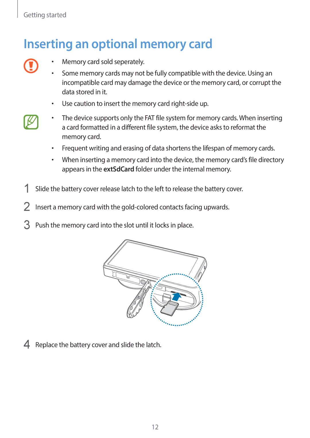 Samsung EK-GC120BKAVZW, EK-GC120ZWAVZW user manual Inserting an optional memory card 