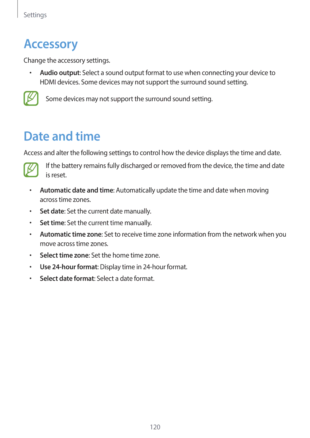 Samsung EK-GC120BKAVZW, EK-GC120ZWAVZW user manual Accessory, Date and time 