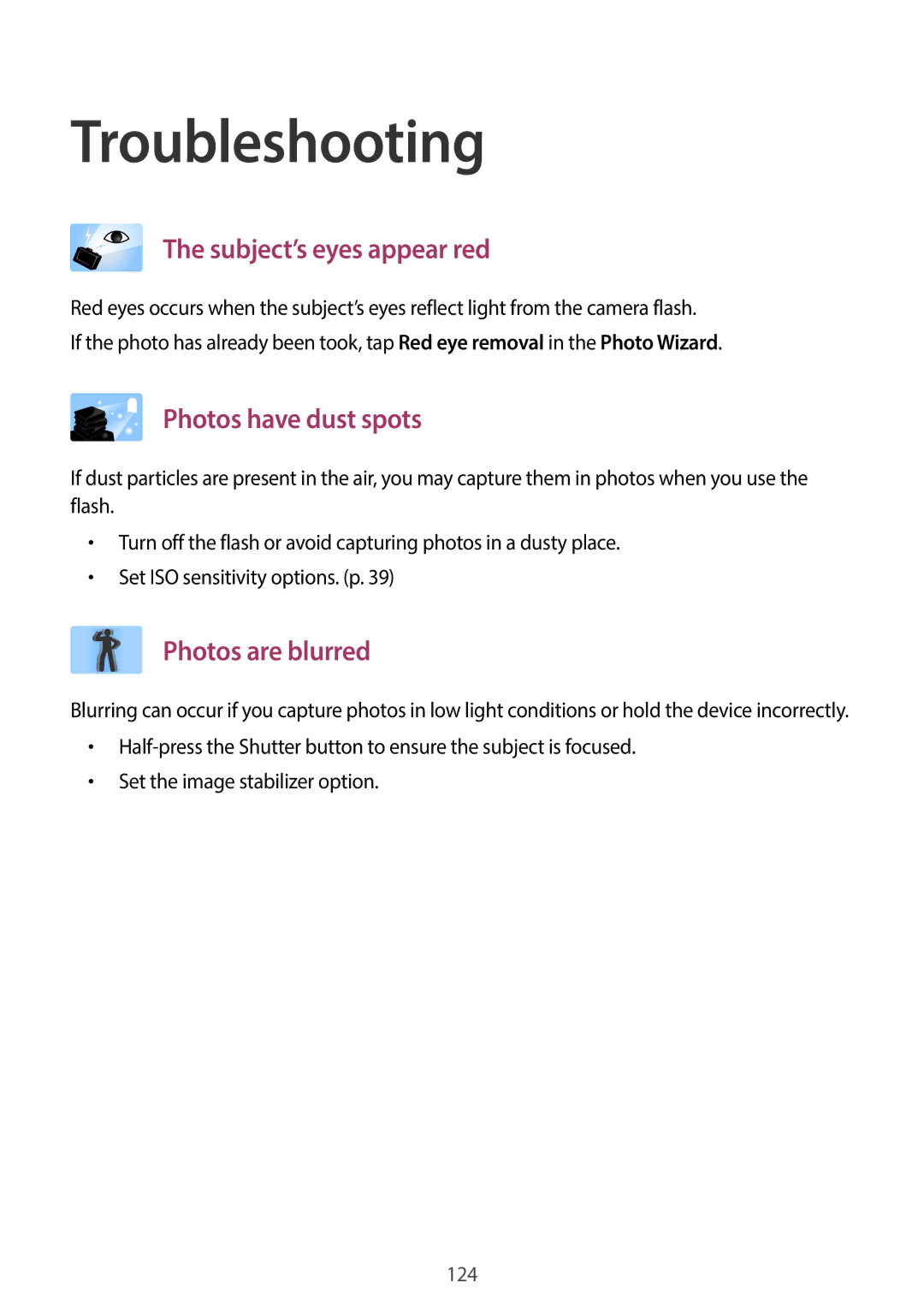 Samsung EK-GC120BKAVZW, EK-GC120ZWAVZW user manual Troubleshooting, Subject’s eyes appear red 