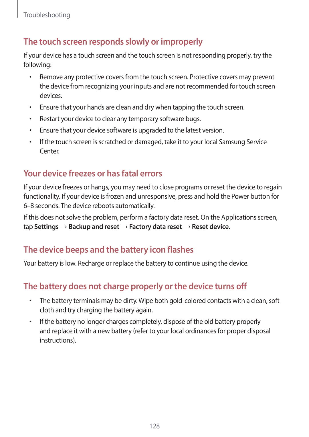 Samsung EK-GC120BKAVZW, EK-GC120ZWAVZW user manual Device beeps and the battery icon flashes 