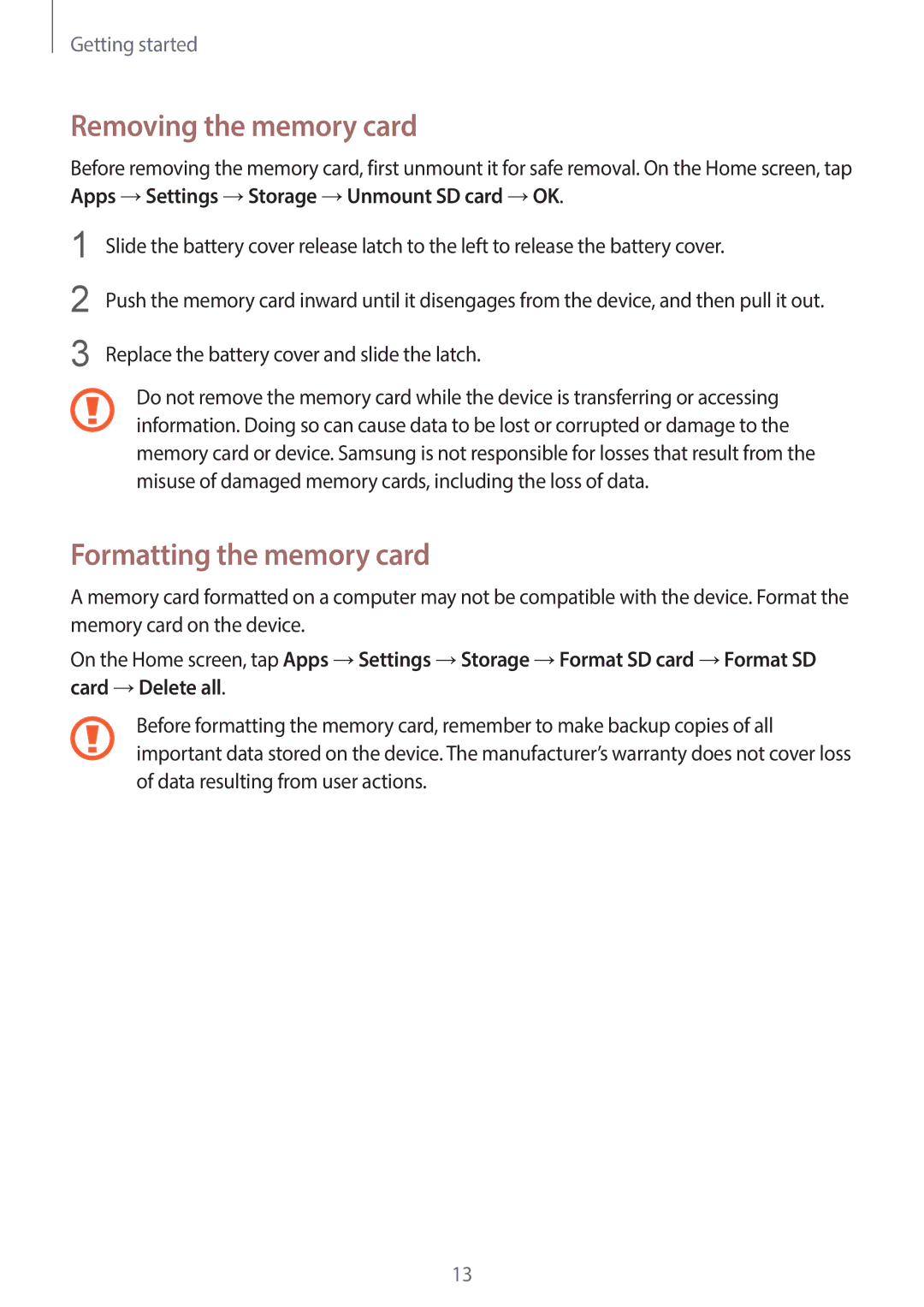 Samsung EK-GC120ZWAVZW, EK-GC120BKAVZW user manual Removing the memory card, Formatting the memory card 