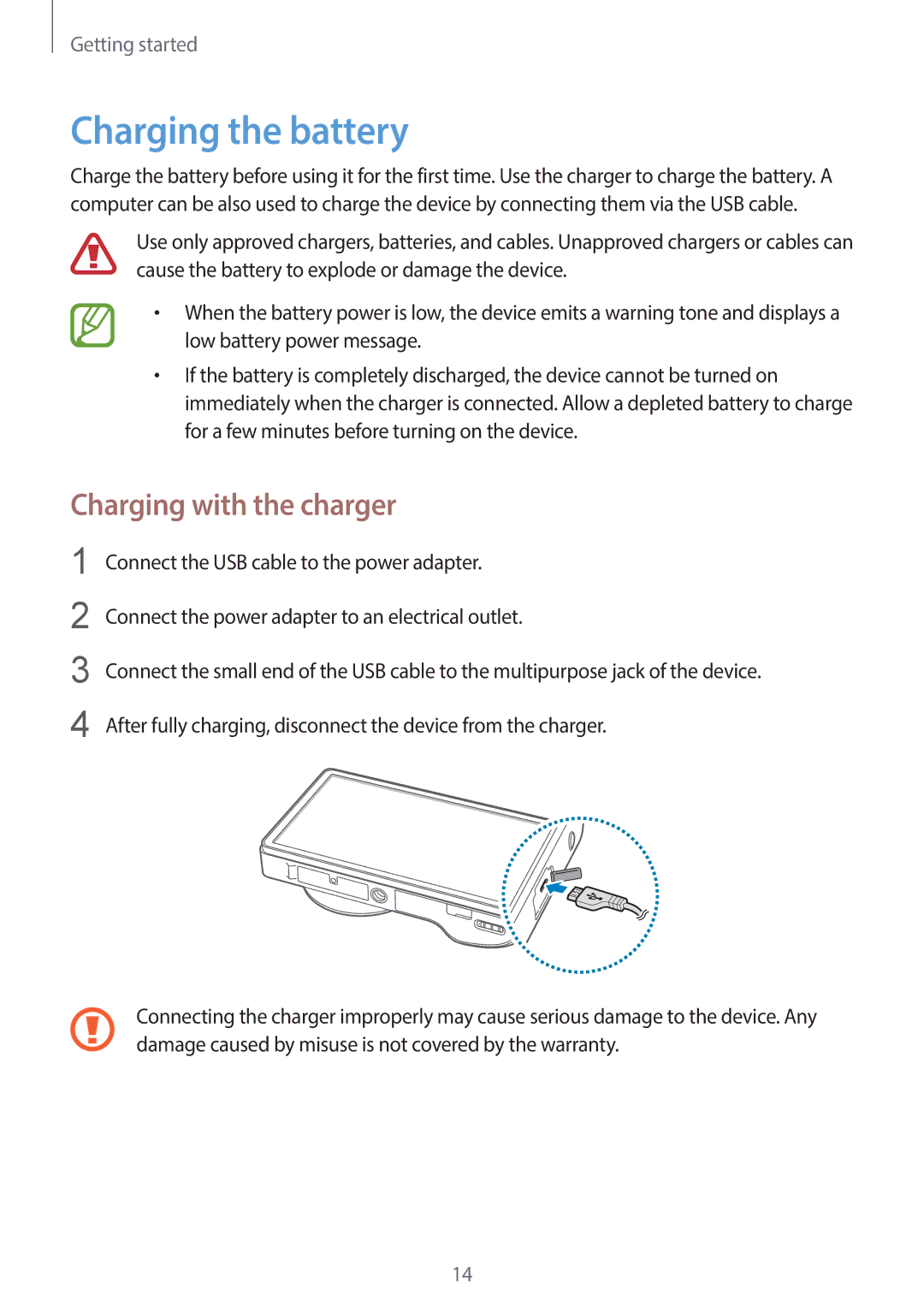 Samsung EK-GC120BKAVZW, EK-GC120ZWAVZW user manual Charging the battery, Charging with the charger 