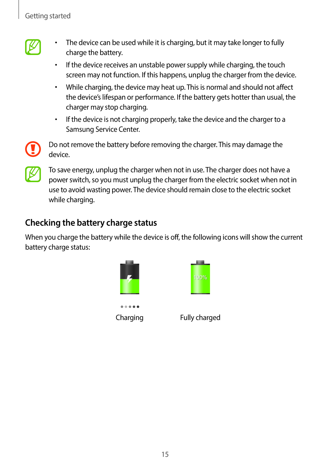 Samsung EK-GC120ZWAVZW, EK-GC120BKAVZW user manual Checking the battery charge status 