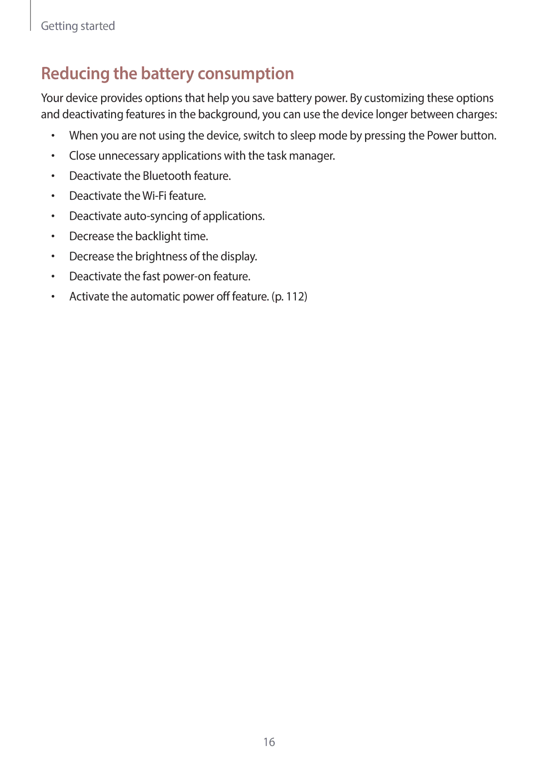 Samsung EK-GC120BKAVZW, EK-GC120ZWAVZW user manual Reducing the battery consumption 