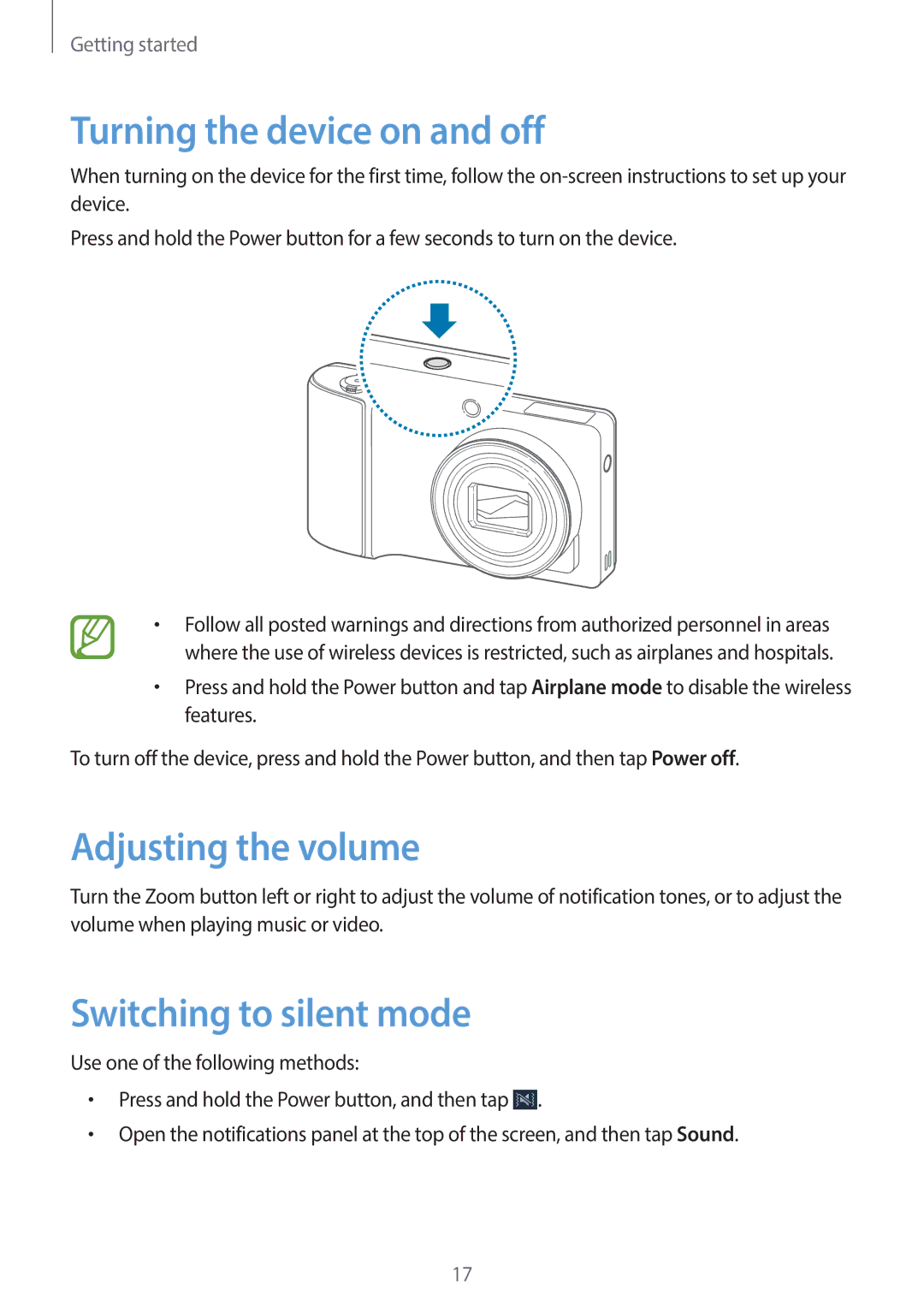 Samsung EK-GC120ZWAVZW, EK-GC120BKAVZW Turning the device on and off, Adjusting the volume, Switching to silent mode 