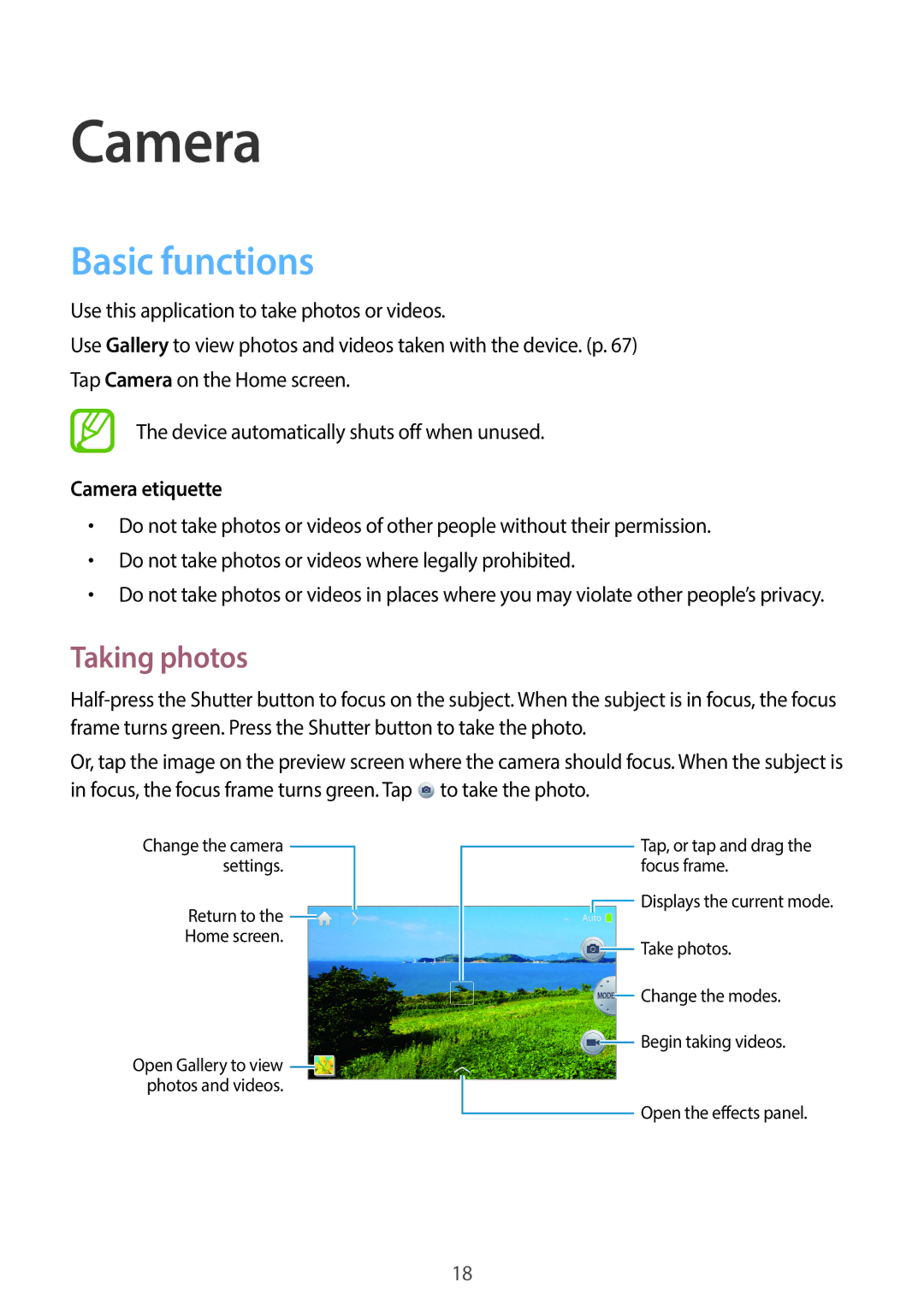 Samsung EK-GC120BKAVZW, EK-GC120ZWAVZW user manual Basic functions, Taking photos, Camera etiquette 