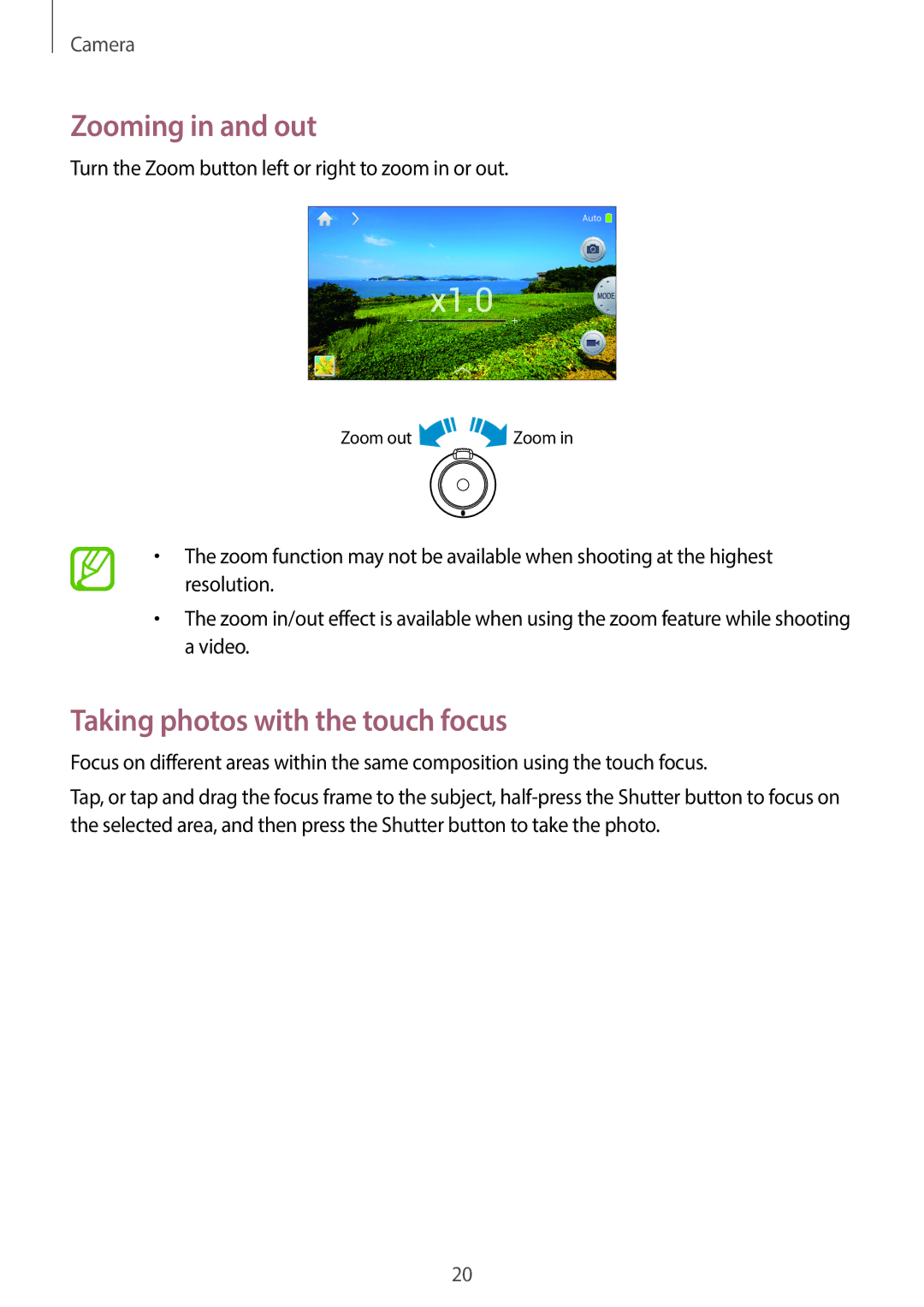 Samsung EK-GC120BKAVZW, EK-GC120ZWAVZW user manual Zooming in and out, Taking photos with the touch focus 