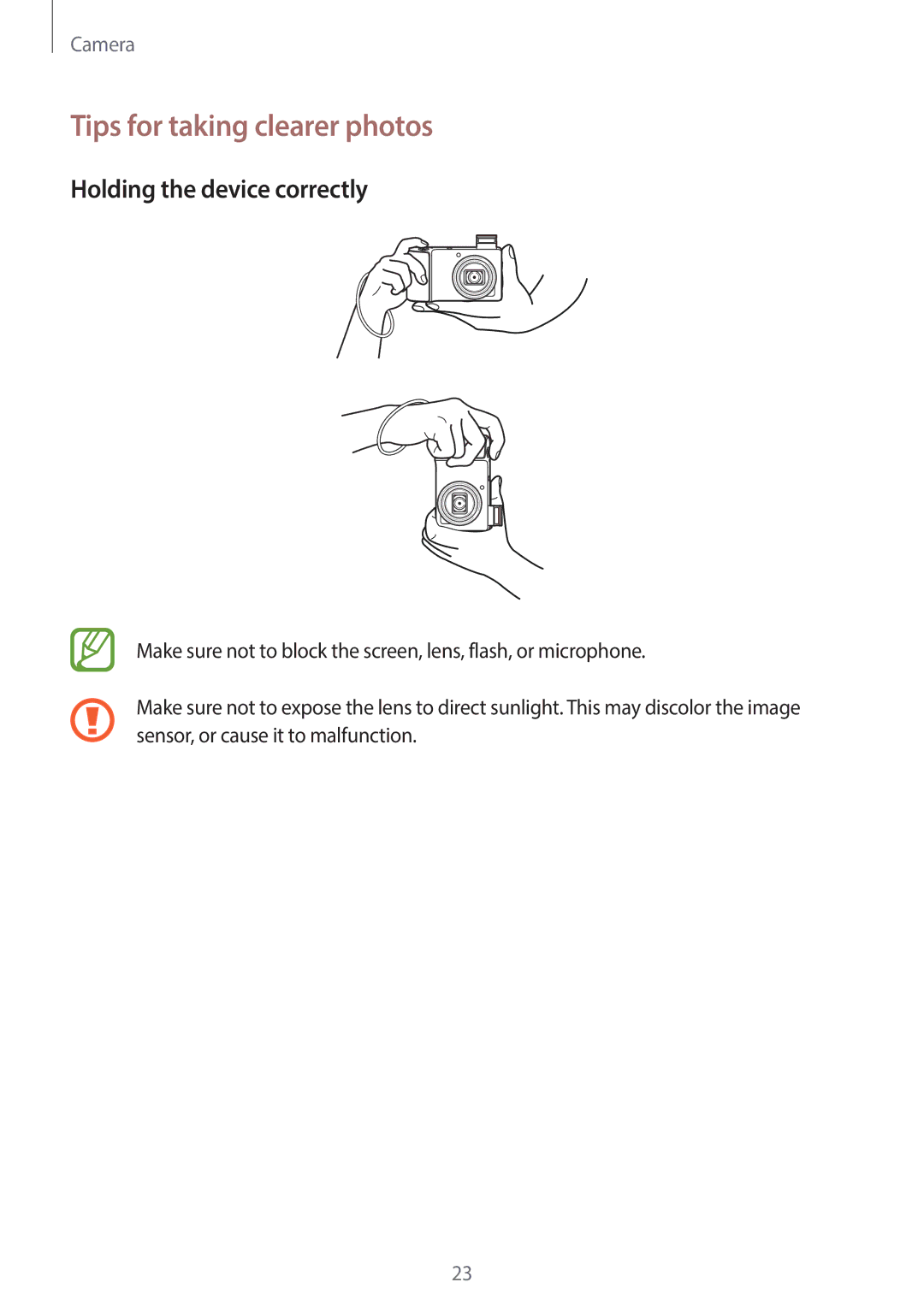 Samsung EK-GC120ZWAVZW, EK-GC120BKAVZW user manual Tips for taking clearer photos, Holding the device correctly 