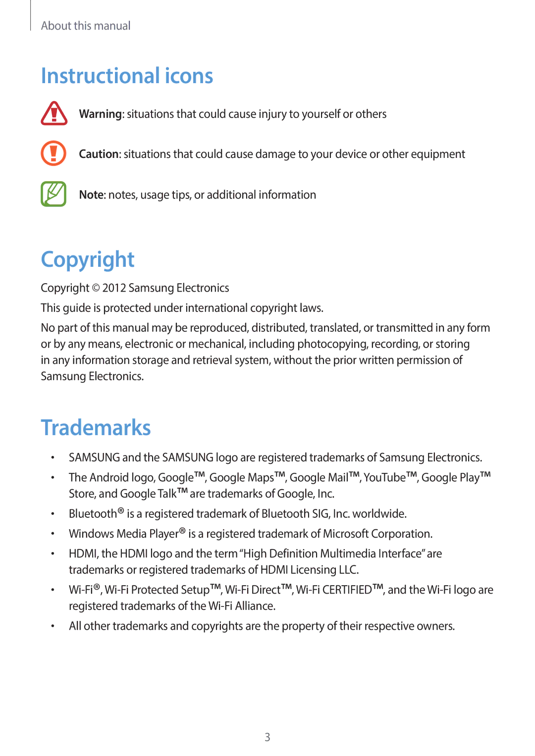 Samsung EK-GC120ZWAVZW, EK-GC120BKAVZW user manual Instructional icons Copyright, Trademarks 