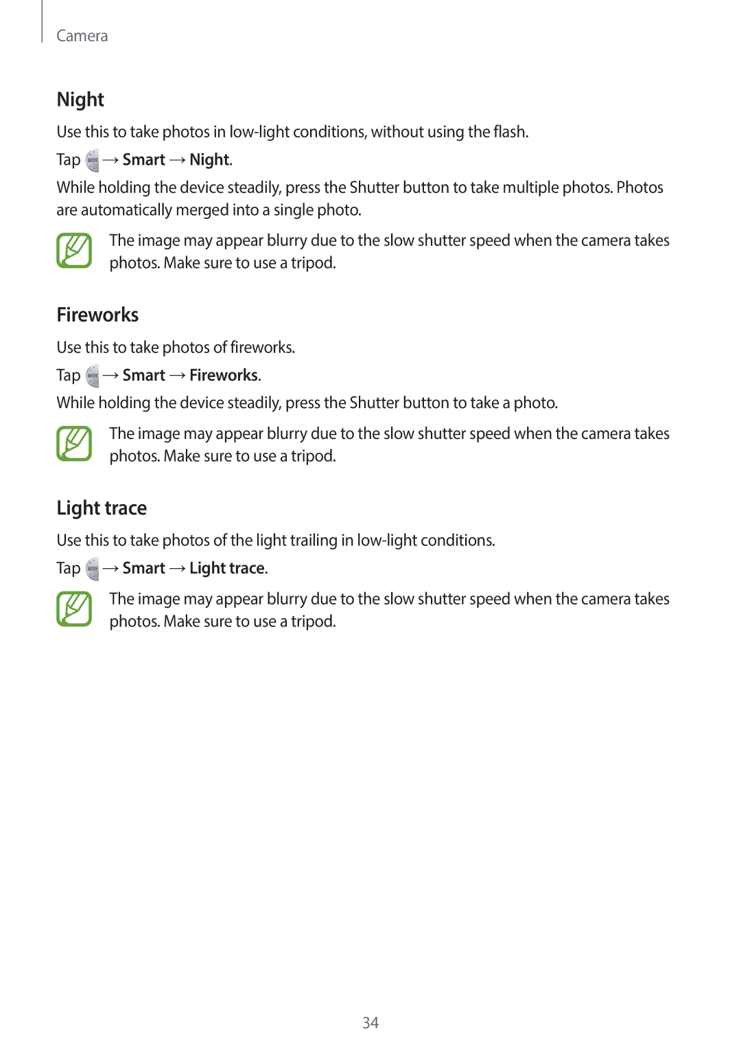 Samsung EK-GC120BKAVZW, EK-GC120ZWAVZW user manual Night, Fireworks, Light trace 