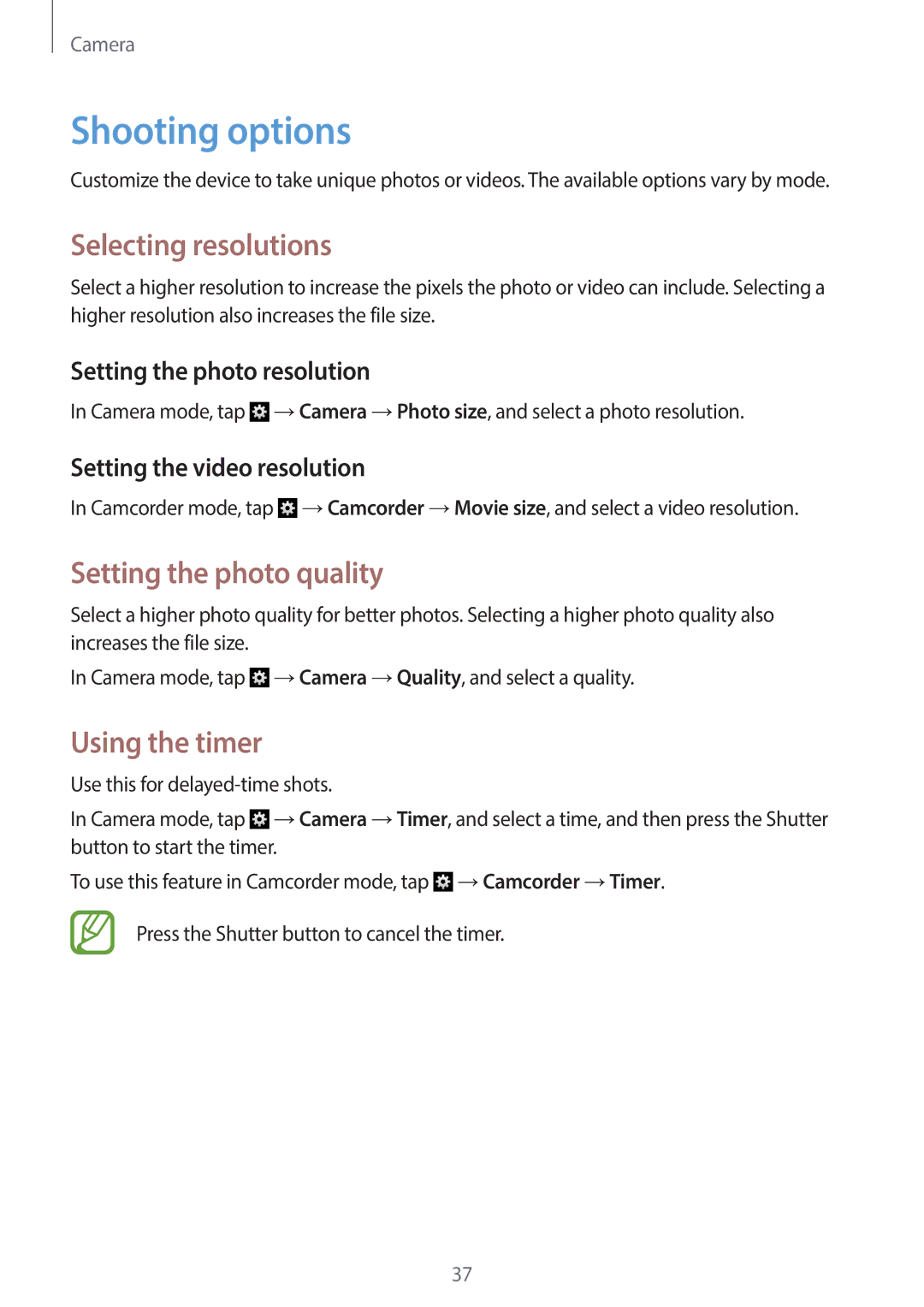 Samsung EK-GC120ZWAVZW, EK-GC120BKAVZW Shooting options, Selecting resolutions, Setting the photo quality, Using the timer 