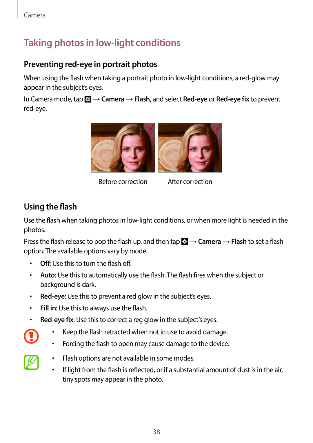 Samsung EK-GC120BKAVZW Taking photos in low-light conditions, Preventing red-eye in portrait photos, Using the flash 