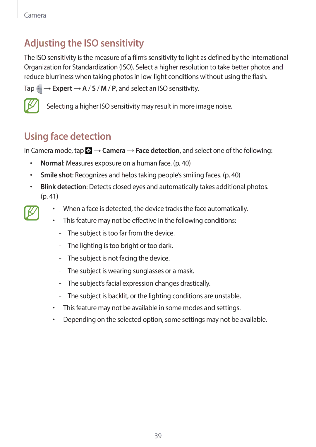 Samsung EK-GC120ZWAVZW, EK-GC120BKAVZW user manual Adjusting the ISO sensitivity, Using face detection 