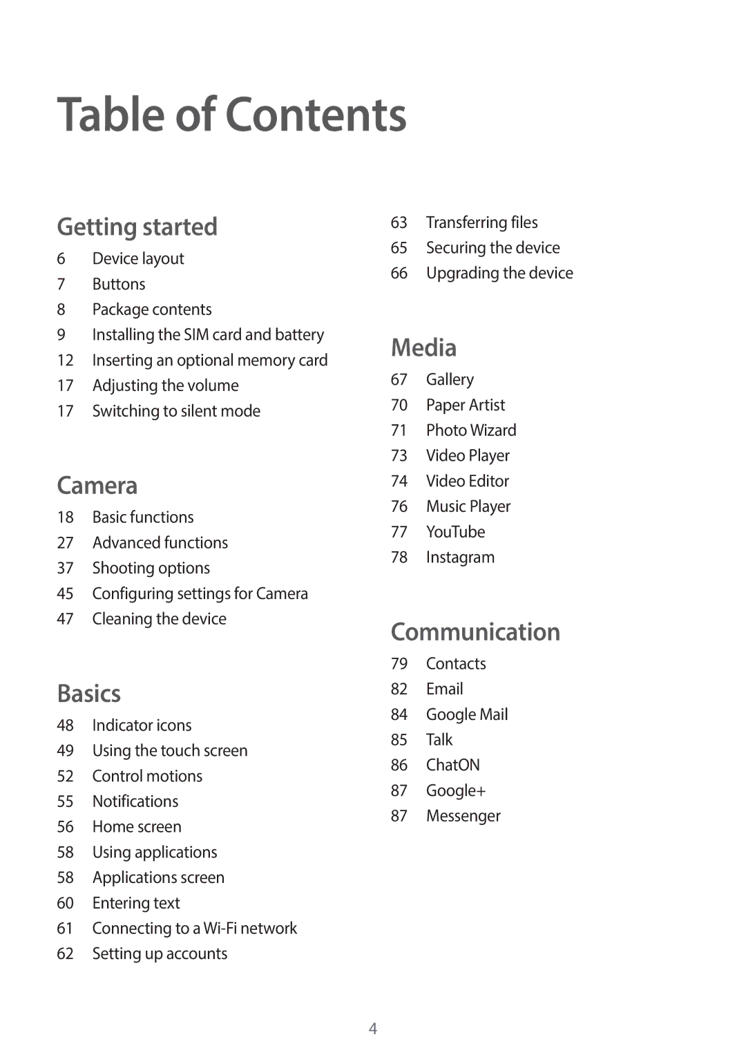 Samsung EK-GC120BKAVZW, EK-GC120ZWAVZW user manual Table of Contents 