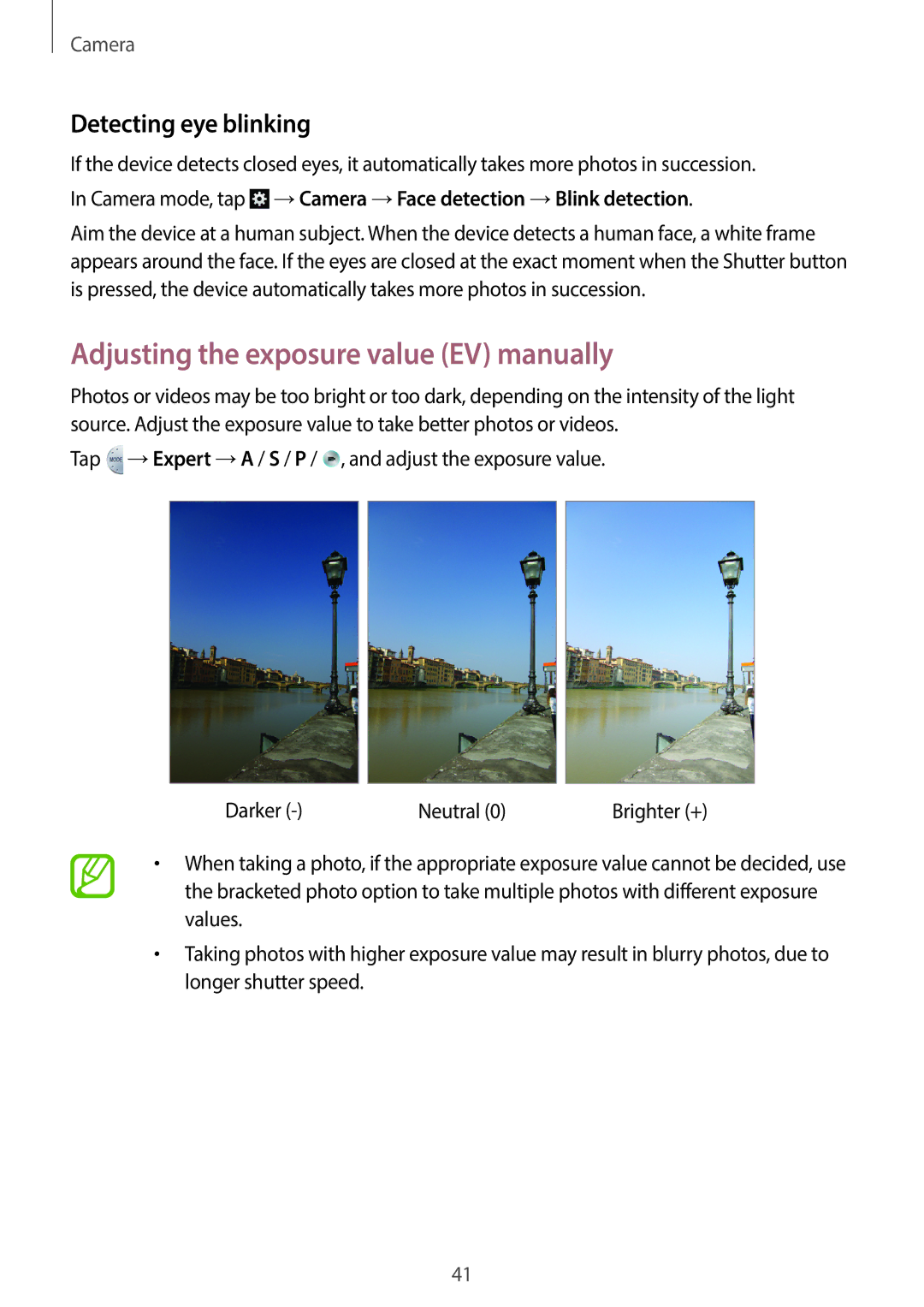 Samsung EK-GC120ZWAVZW, EK-GC120BKAVZW user manual Adjusting the exposure value EV manually, Detecting eye blinking 